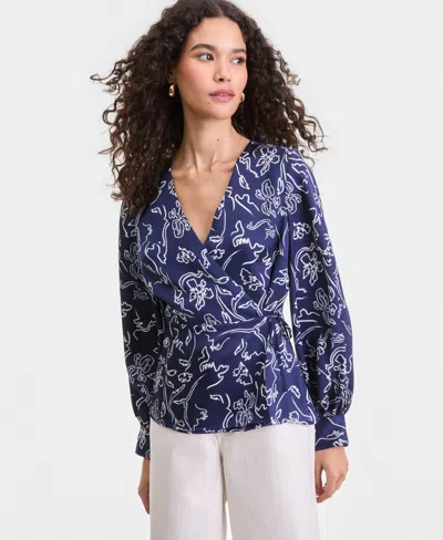 Macy's I.n.c. International Concepts Women's Printed Blouson-sleeve Wrap Blouse,  Exclusive In Blue