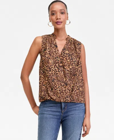Macy's I.n.c. International Concepts Women's Sleeveless Printed Faux-wrap Blouse In Brown