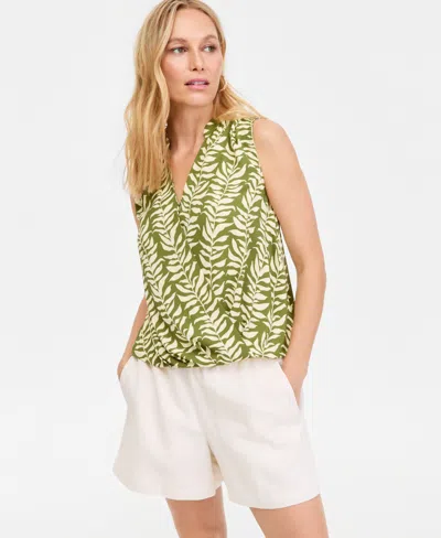 Macy's I.n.c. International Concepts Women's Sleeveless Printed Faux-wrap Blouse In Green
