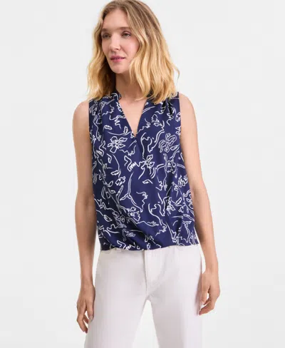 Macy's I.n.c. International Concepts Women's Sleeveless Printed Faux-wrap Blouse In Blue