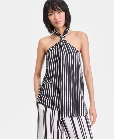 Macy's I.n.c. International Concepts Women's Striped Twist Front Halter Top  Exclusive In Black