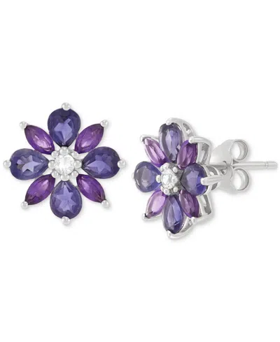 Macy's Iolite (1 Ct. T.w.), Amethyst (1/2 Ct. T.w.) & White Topaz (1/20 Ct. T.w) Flower Stud Earrings In St In Multi-gemstone