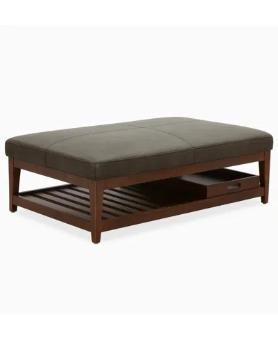 Macy's Jacey 17" Leather Rectangle Wood Tray Ottoman In Brown