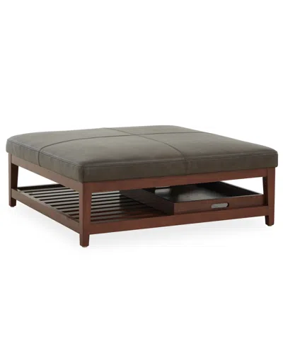 Macy's Jacey 17" Leather Square Wood Tray Ottoman In Multi