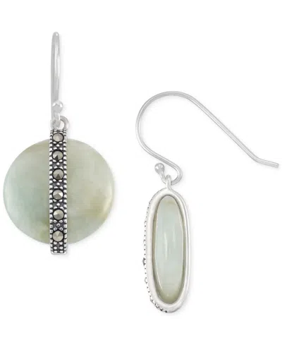 Macy's Jade & Marcasite Vertical Bar Circle Drop Earrings In Sterling Silver