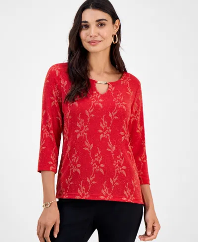 Macy's Jm Collection Petite Leafy-floral Shine Party Jacquard Top,  Exclusive In Red