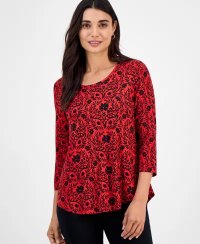 Macy's Jm Collection Petite Painted Foliage 3/4-sleeve Top,  Exclusive In Red