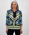 Macy's Jm Collection Petite Printed Lace-up 3/4-sleeve Top, Exclusively At  In Deep Black