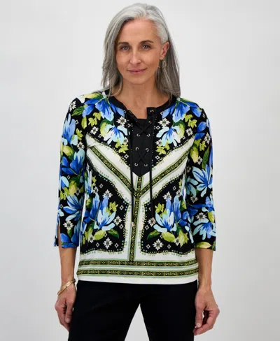 Macy's Jm Collection Petite Printed Lace-up 3/4-sleeve Top, Exclusively At  In Deep Black