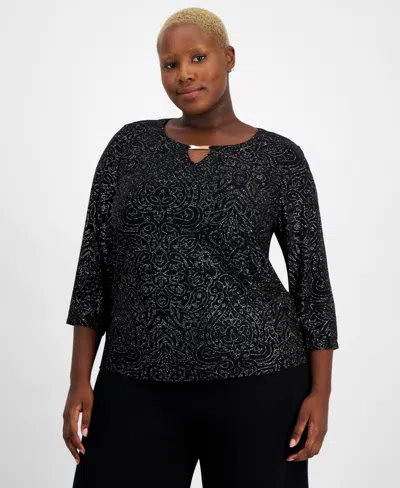 Macy's Plus Size Glitter Swirl Keyhole Top, Created For  In Deep Black Combo