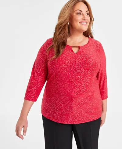 Macy's Plus Size Glitter Swirl Keyhole Top, Created For  In Glam Red Combo