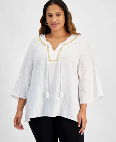 Macy's Plus Size Mirella Embellished-neck Kimono Top, Created For  In Bright White