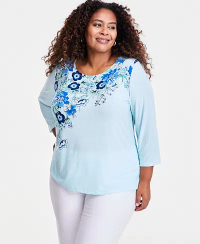 Macy's Plus Size Printed Jacquard 3/4-sleeve Top,  Exclusive In Blue