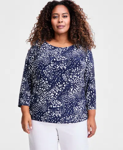 Macy's Jm Collection Plus Size Printed Jacquard 3/4-sleeve Top,  Exclusive In Blue