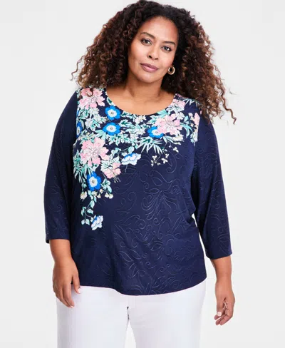 Macy's Plus Size Printed Jacquard 3/4-sleeve Top,  Exclusive In Blue