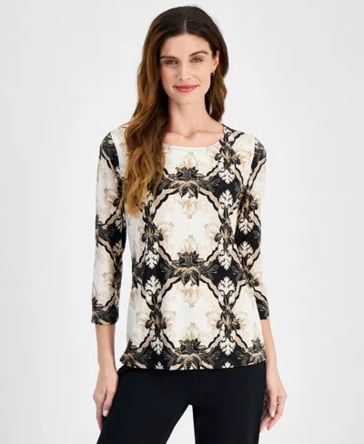 Macy's Jm Collection Women's Printed Jacquard 3/4-sleeve Top, Created For  In Deep Black Combo