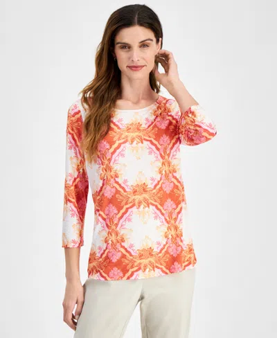 Macy's Jm Collection Women's Printed Jacquard 3/4-sleeve Top, Created For  In Pumpkin Seed Combo