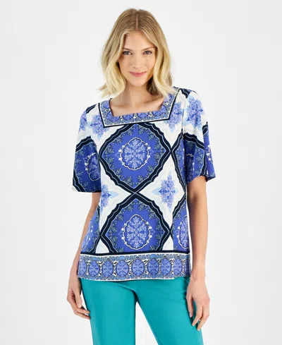 Macy's Jm Collection Women's Printed Square Neck Short Sleeve Top, Created For  In Demure Blue Combo