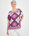 MACY'S JM COLLECTION WOMEN'S PRINTED SQUARE NECK SHORT SLEEVE TOP, CREATED FOR MACY'S