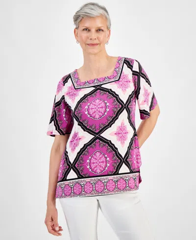Macy's Jm Collection Women's Printed Square Neck Short Sleeve Top, Created For  In Rich Amethyst Combo