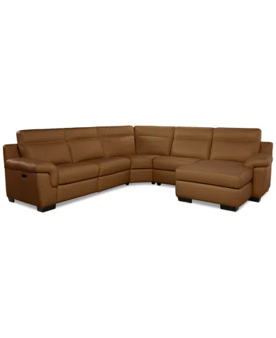 Macy's Julius Ii 5-pc. Leather Chaise Sectional With 2 Power Recliners,  Exclusive In Brown