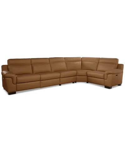 Macy's Julius Ii 5-pc. Leather L Sectional With 3 Power Recliners,  Exclusive In Brown
