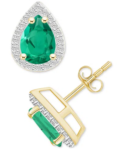 Macy's Lab-created Emerald (1-1/3 Ct. T.w.) & Lab-created White Sapphire Pear Halo Stud Earrings In 10k Gol In Emerald,gold