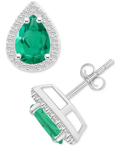 Macy's Lab-created Emerald (1-1/3 Ct. T.w.) & Lab-created White Sapphire Pear Halo Stud Earrings In 10k Gol In Emerald,white Gold