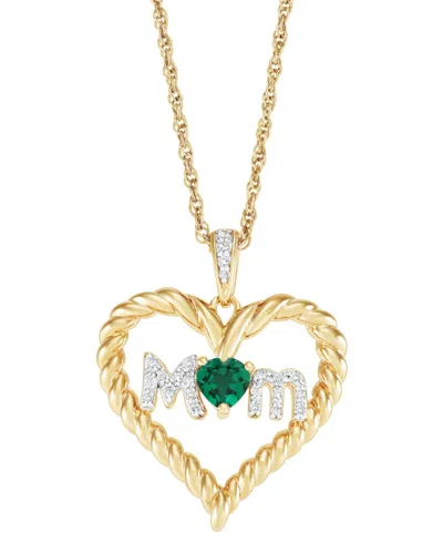 Macy's Lab-created Emerald (1/5 Ct. T.w.) & Diamond Accent Mom Heart Pendant Necklace In 14k Gold-plated St