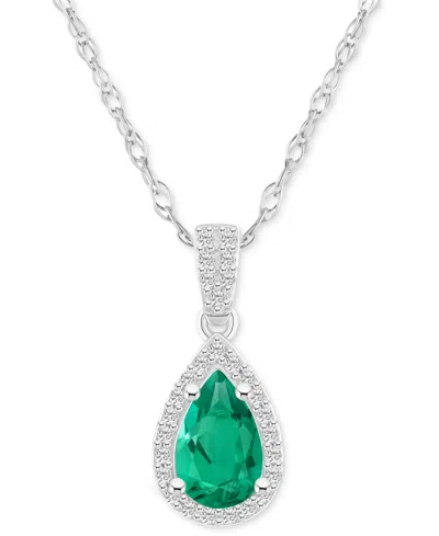 Macy's Lab-created Emerald (3/4 Ct. T.w.) & Lab-created White Sapphire (1/6 Ct. T.w.) Pear Halo 18" Pendant In Emerald,white Gold