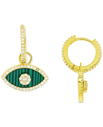 Macy's Lab-created Malachite & Cubic Zirconia Evil Eye Dangle Huggie Hoop Earrings In Gold