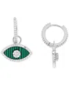 Macy's Lab-created Malachite & Cubic Zirconia Evil Eye Dangle Huggie Hoop Earrings In Sterling Silver