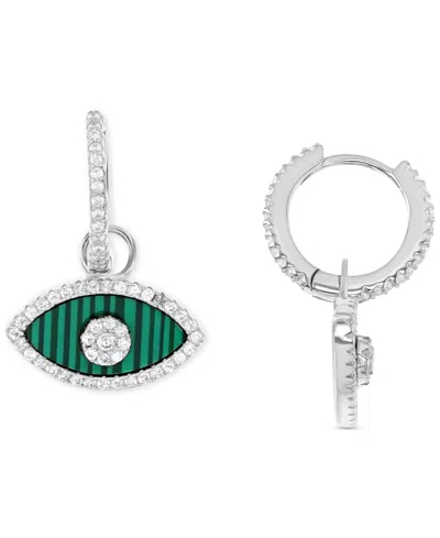 Macy's Lab-created Malachite & Cubic Zirconia Evil Eye Dangle Huggie Hoop Earrings In Sterling Silver