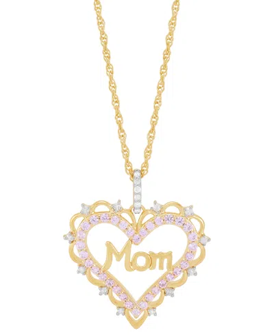 Macy's Lab Created Pink Sapphire (3/8 Ct. T.w.) & Diamond (1/10 Ct. T.w.) Mom Heart Pendant Necklace In 14k