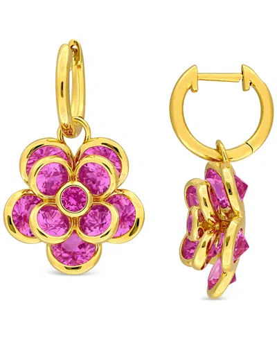 Macy's Lab Created Pink Sapphire Flower Charm Hoop Earrings (7-1/2 Ct. T.w.) In 18k Gold-flash Over Silver In Yellow