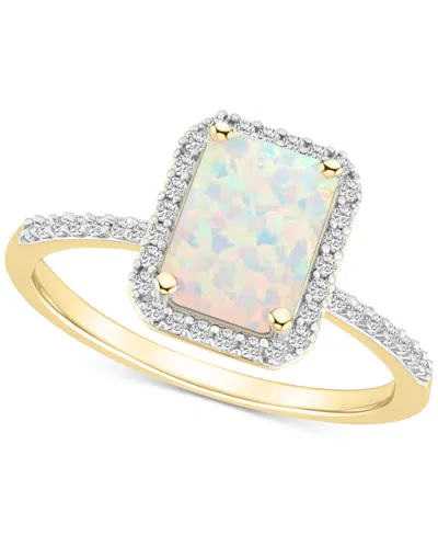 Macy's Lab-created Ruby (2 Ct. T.w.) & Lab-created White Sapphire (1/4 Ct. T.w.) Emerald-cut Halo Ring In 1 In Gold