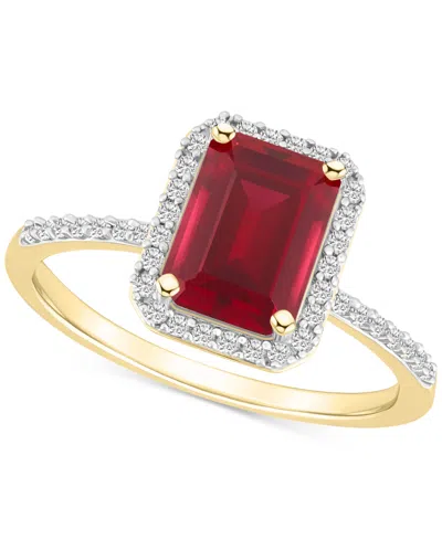 Macy's Lab-created Ruby (2 Ct. T.w.) & Lab-created White Sapphire (1/4 Ct. T.w.) Emerald-cut Halo Ring In 1 In Gold