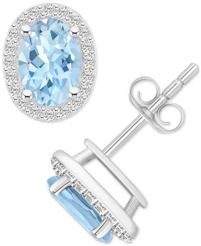 Macy's Lab Grown Aquamarine (1-3/5 Ct. T.w.) & Created White Sapphire (1/5 Ct. T.w.) Stud Earrings In 10k W In Blue