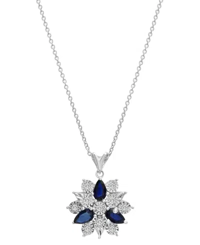 Macy's Lab-grown Blue Sapphire (7/8 Ct. T.w.) & Diamond (1/10 Ct. T.w.) Flower 18" Pendant Necklace In Ster