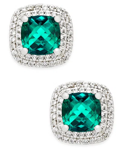 Macy's Lab-grown Emerald (1-1/3 Ct. T.w.) And White Sapphire (1/3 Ct. T.w.) Square Stud Earrings In Sterlin