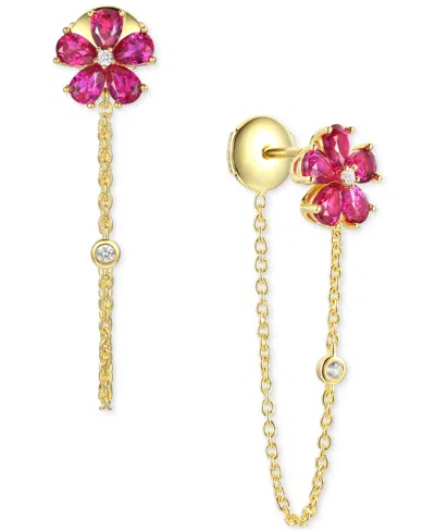Macy's Lab-created Emerald (1-1/4 Ct. T.w.) & Lab-created White Sapphire (1/20 Ct. T.w.) Flower Front & Bac In Ruby