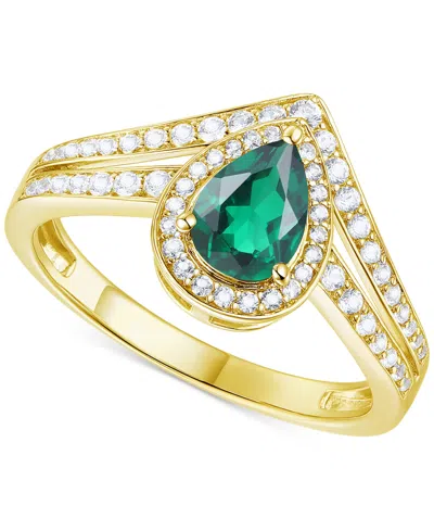 Macy's Lab-grown Emerald (1/2 Ct. T.w.) & Lab-grown White Sapphire (1/10 Ct. T.w.) Pear Halo V Ring In 14k