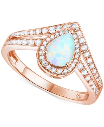 Macy's Lab-grown Emerald (1/2 Ct. T.w.) & Lab-grown White Sapphire (1/10 Ct. T.w.) Pear Halo V Ring In 14k In Opal