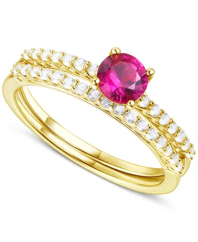 Macy's Lab-grown Emerald (3/8 Ct. T.w.) & Lab-grown White Sapphire (3/8 Ct. T.w.) Bridal Set In 14k Gold-pl In Ruby