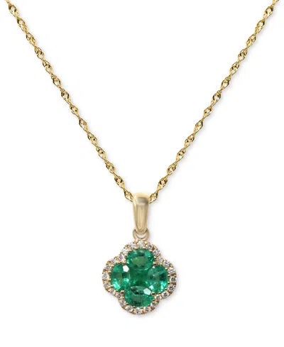 Macy's Emerald (5/8 Ct. T.w.) & Diamond (1/10 Ct. T.w.) Clover Halo Cluster Pendant Necklace In 14k Gold, 1
