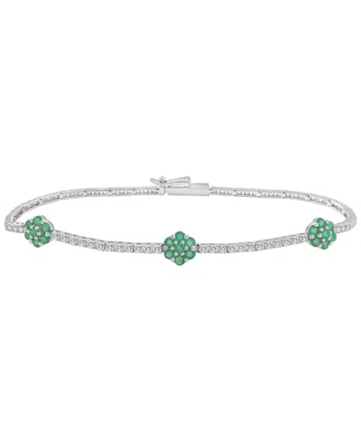 Macy's Lab Grown Emerald (5/8 Ct. T.w.) And White Sapphire (2-1/6 Ct. T.w.) Cluster Link Bracelet In Sterli In Green