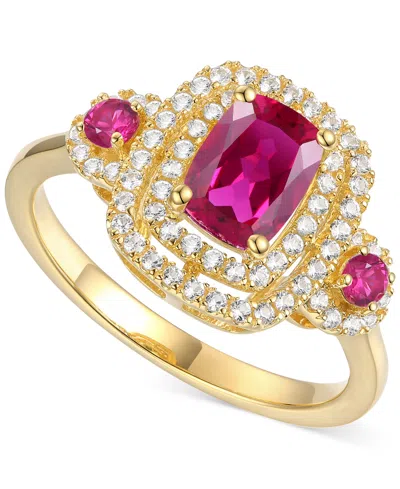 Macy's Lab-grown Emerald (7/8 Ct. T.w.) & Lab-grown White Sapphire (1/3 Ct. T.w.) Double Halo Three Stone R In Ruby