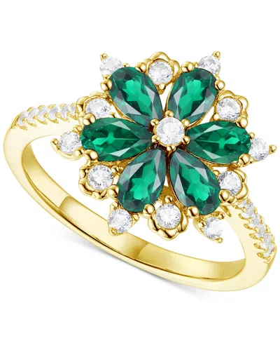 Macy's Lab-grown Emerald (7/8 Ct. T.w.) & Lab-grown White Sapphire (1/8 Ct. T.w.) Flower Ring In 14k Gold-p
