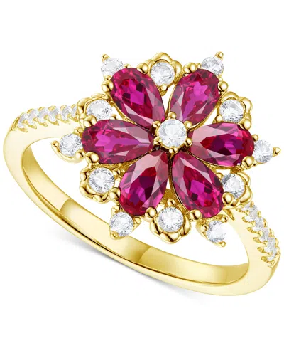 Macy's Lab-grown Emerald (7/8 Ct. T.w.) & Lab-grown White Sapphire (1/8 Ct. T.w.) Flower Ring In 14k Gold-p In Ruby