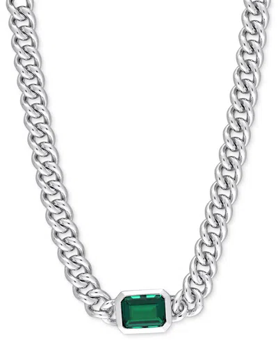 Macy's Lab-grown Emerald Curb Link Collar Necklace (7/8 Ct. T.w.) In Sterling Silver